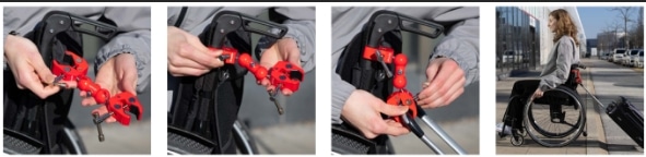 Dispositif permettant à une personne en fauteuil roulant d’atteler une valise à roulette.